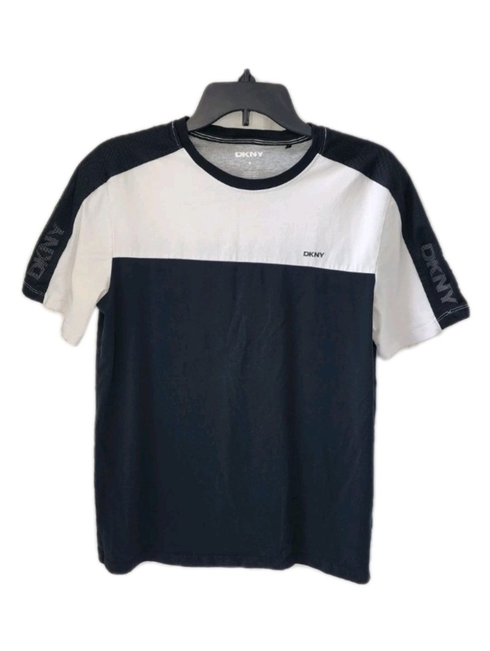 DKNY Colorblock T-Shirt Logo Graphic Tee Mesh Sleeves Trim Black / White Size S